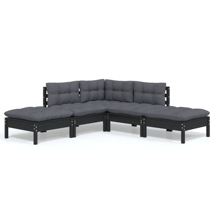 5-tlg. Garten-Lounge-Set mit Kissen Schwarz Kiefernholz