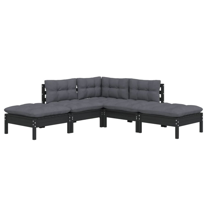 5-tlg. Garten-Lounge-Set mit Kissen Schwarz Kiefernholz