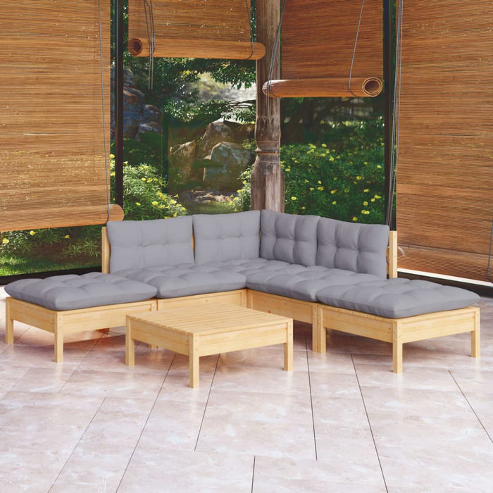 6-tlg. Garten-Lounge-Set mit Grauen Kissen Kiefernholz