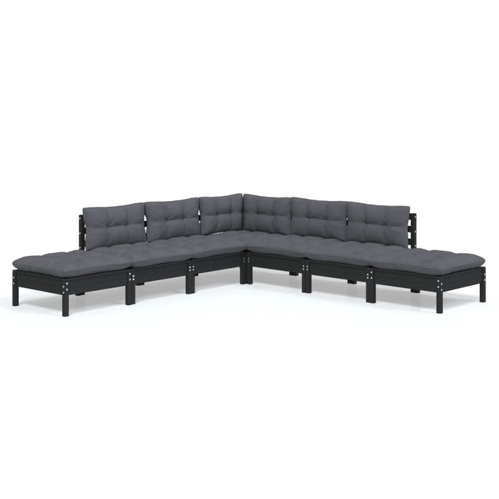 7-tlg. Garten-Lounge-Set mit Kissen Schwarz Kiefernholz