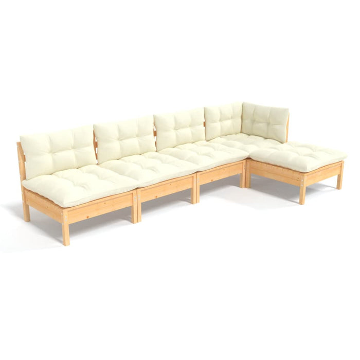 5-tlg. Garten-Lounge-Set mit Creme Kissen Kiefernholz