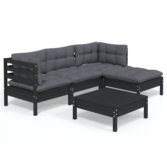 5-tlg. Garten-Lounge-Set mit Kissen Schwarz Kiefernholz