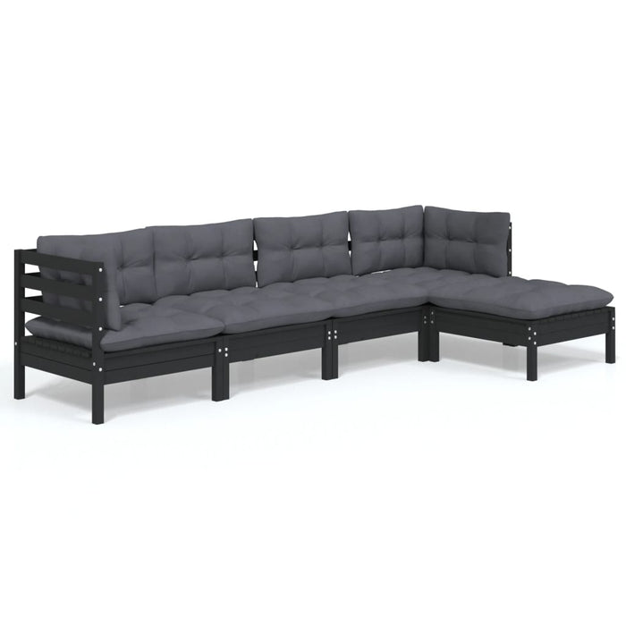 5-tlg. Garten-Lounge-Set mit Kissen Schwarz Kiefernholz