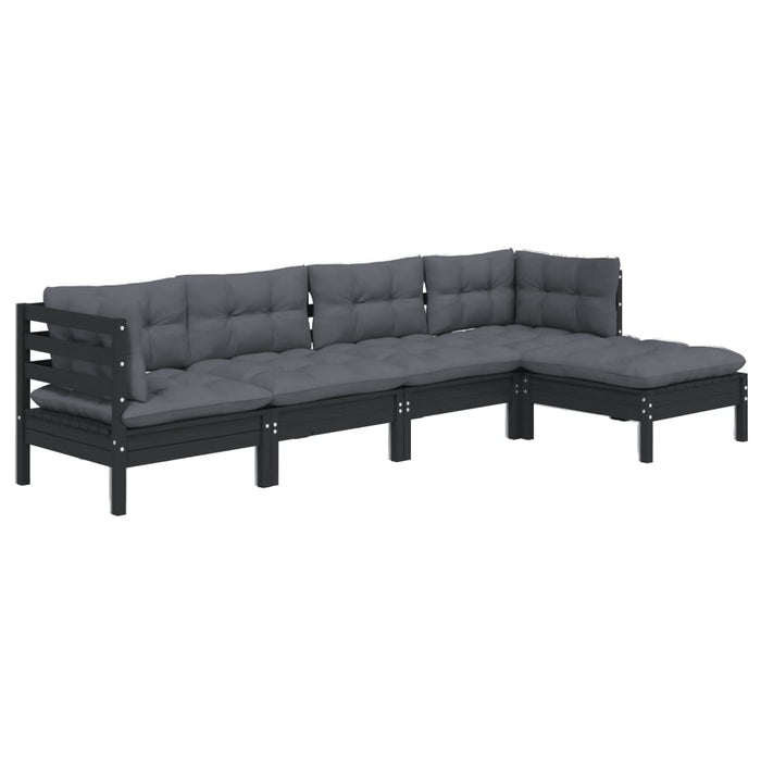 5-tlg. Garten-Lounge-Set mit Kissen Schwarz Kiefernholz