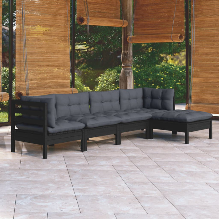 5-tlg. Garten-Lounge-Set mit Kissen Schwarz Kiefernholz
