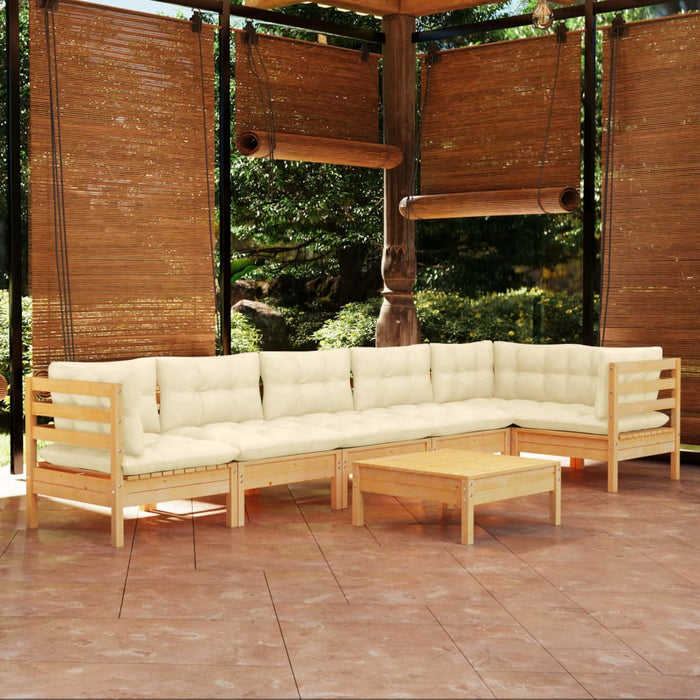 7-tlg. Garten-Lounge-Set mit Creme Kissen Kiefernholz