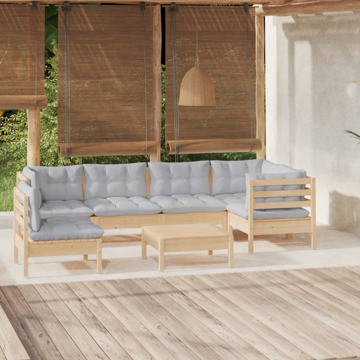 7-tlg. Garten-Lounge-Set mit Grauen Kissen Kiefernholz