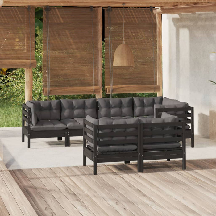 7-tlg. Garten-Lounge-Set mit Kissen Schwarz Massivholz Kiefer