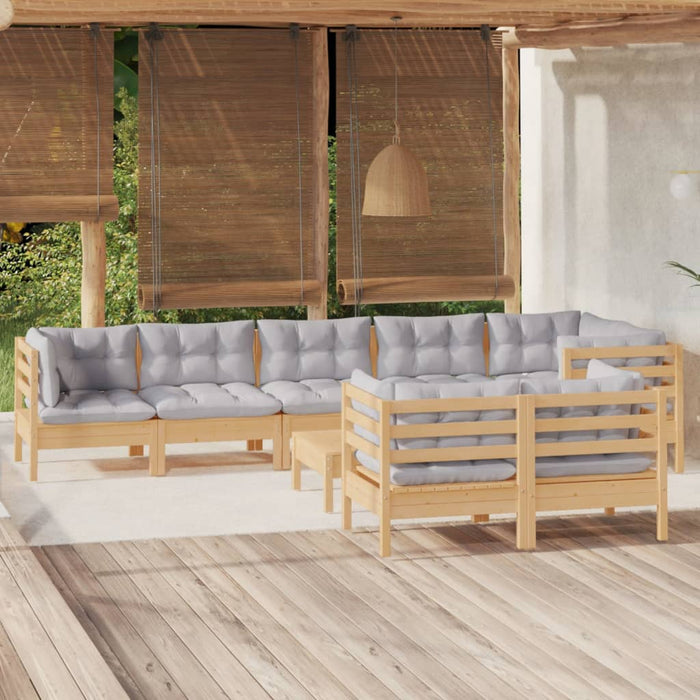 9-tlg. Garten-Lounge-Set mit Grauen Kissen Kiefer Massivholz