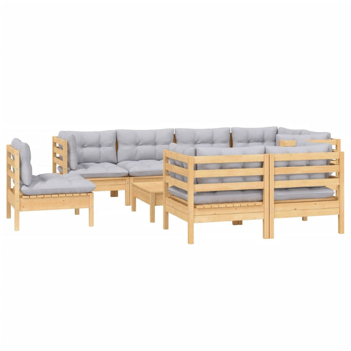 9-tlg. Garten-Lounge-Set mit Grauen Kissen Kiefer Massivholz