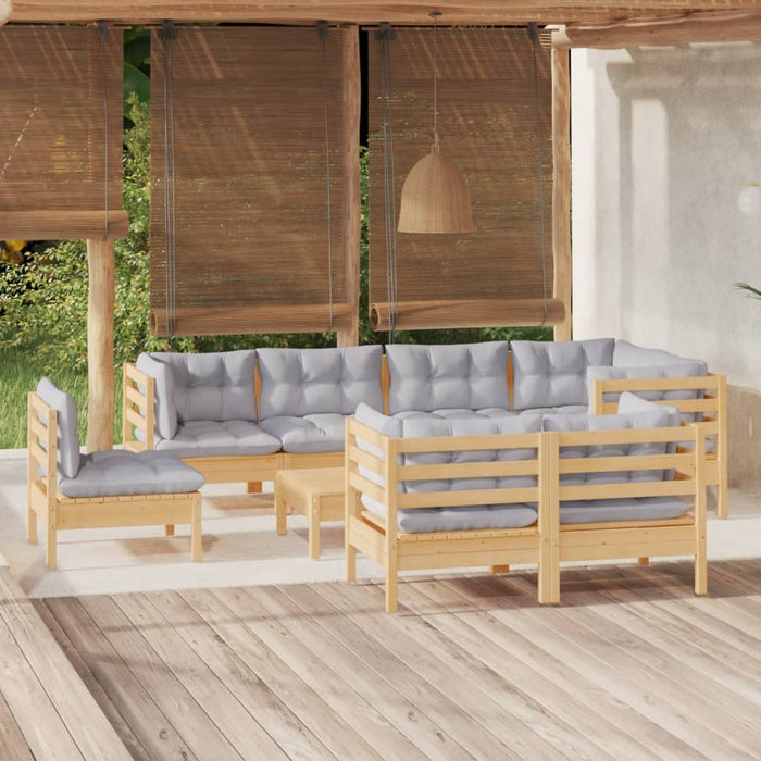 9-tlg. Garten-Lounge-Set mit Grauen Kissen Kiefer Massivholz