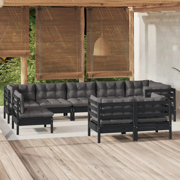 9-tlg. Garten-Lounge-Set mit Kissen Schwarz Kiefer Massivholz
