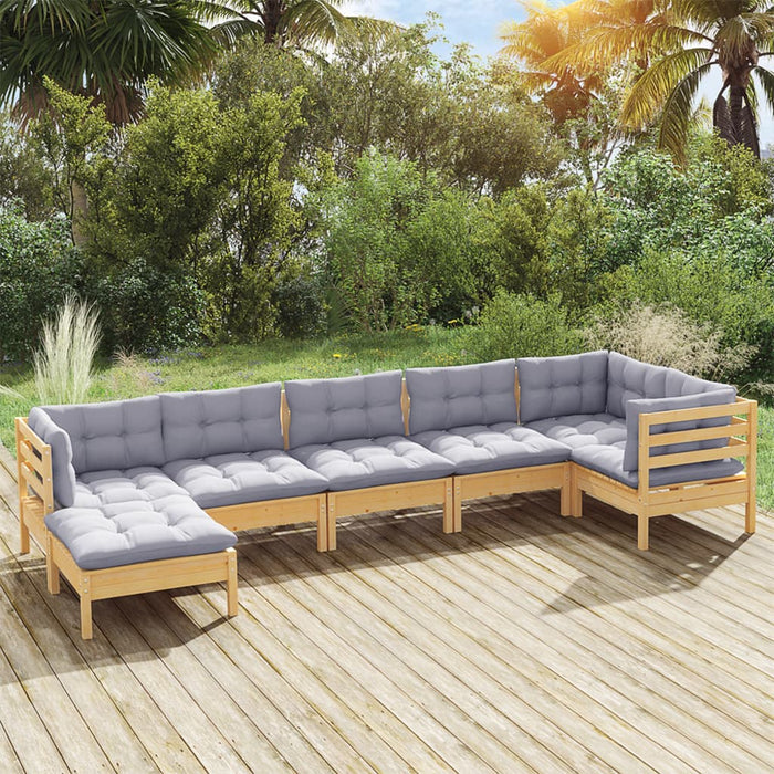 7-tlg. Garten-Lounge-Set mit Grauen Kissen Kiefer Massivholz