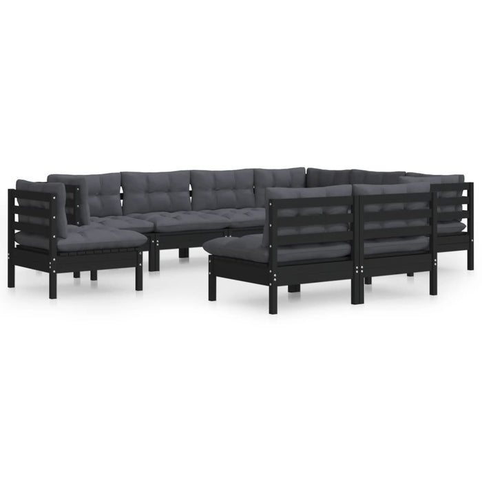 9-tlg. Garten-Lounge-Set mit Kissen Schwarz Massivholz Kiefer