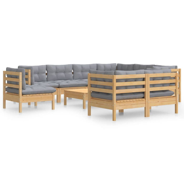10 pcs. Garden Lounge Set with Gray Cushions Solid Pine Wood