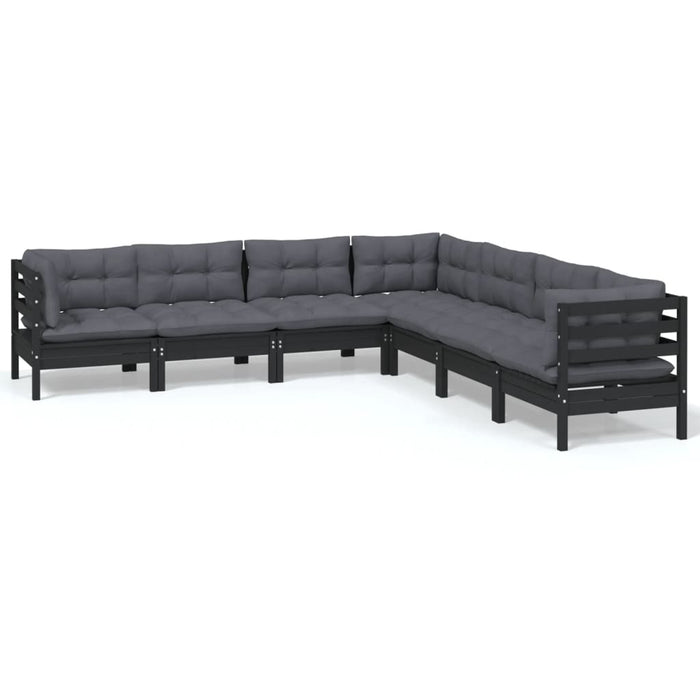 7-tlg. Garten-Lounge-Set mit Kissen Schwarz Kiefer Massivholz