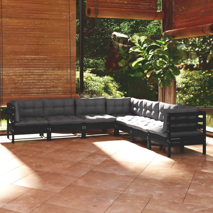 7-tlg. Garten-Lounge-Set mit Kissen Schwarz Kiefer Massivholz