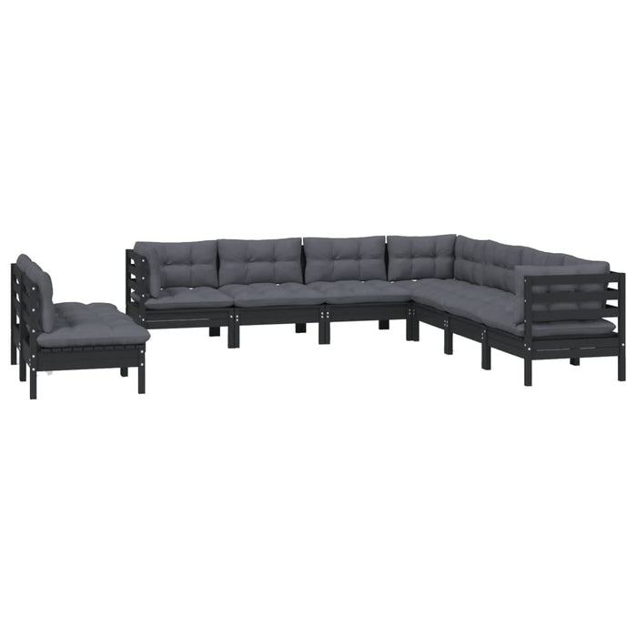 9-tlg. Garten-Lounge-Set mit Kissen Schwarz Massivholz Kiefer