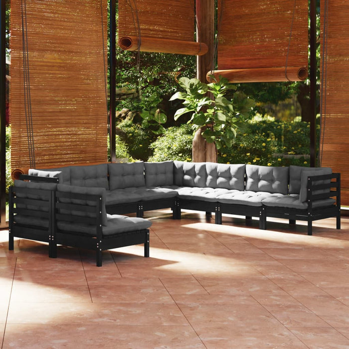 9-tlg. Garten-Lounge-Set mit Kissen Schwarz Massivholz Kiefer
