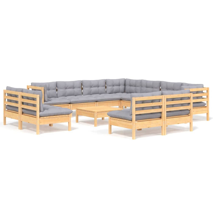 12-tlg. Garten-Lounge-Set mit Grauen Kissen Massivholz Kiefer