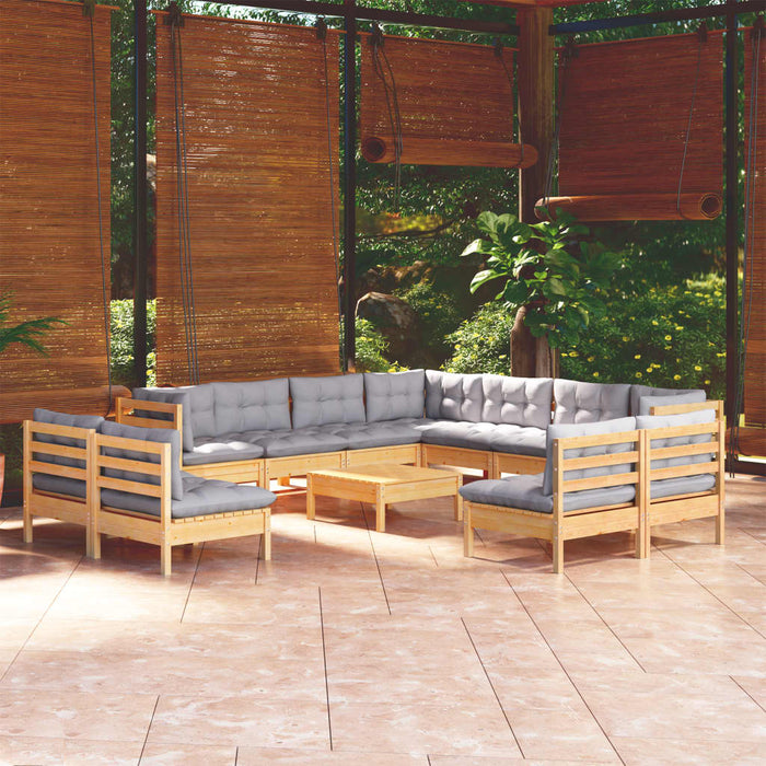 12-tlg. Garten-Lounge-Set mit Grauen Kissen Massivholz Kiefer