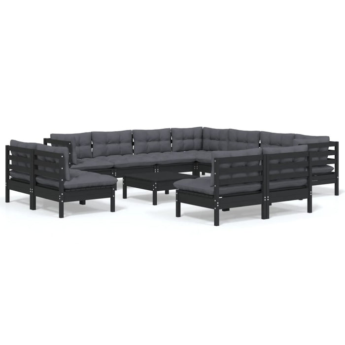12-tlg. Garten-Lounge-Set mit Kissen Schwarz Massivholz Kiefer