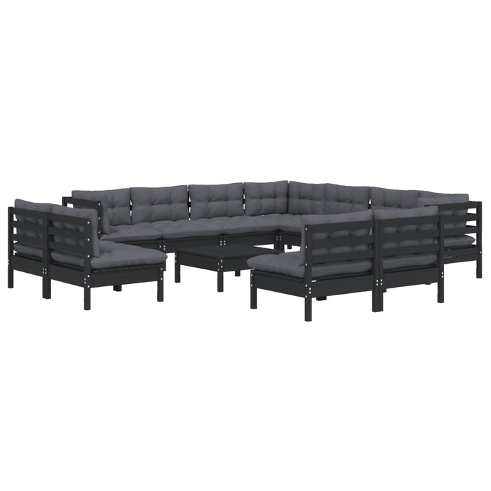 12-tlg. Garten-Lounge-Set mit Kissen Schwarz Massivholz Kiefer