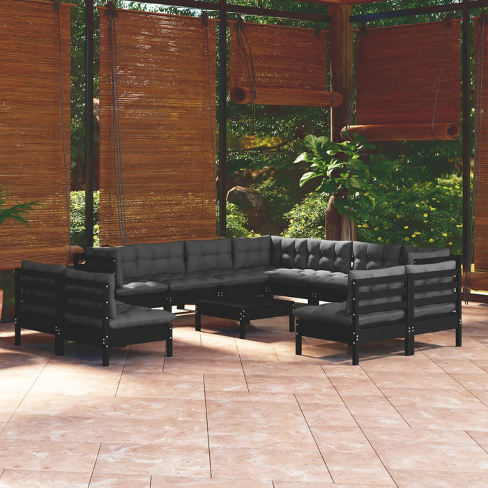 12-tlg. Garten-Lounge-Set mit Kissen Schwarz Massivholz Kiefer