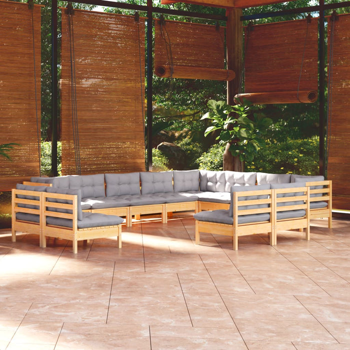 12-tlg. Garten-Lounge-Set mit Grauen Kissen Massivholz Kiefer