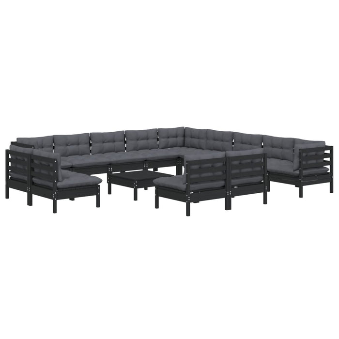 14-tlg. Garten-Lounge-Set mit Kissen Schwarz Massivholz Kiefer