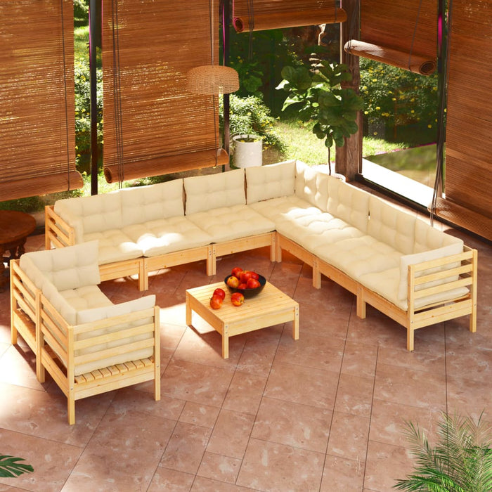10 pcs. Garden lounge set with cream cushions solid pine wood