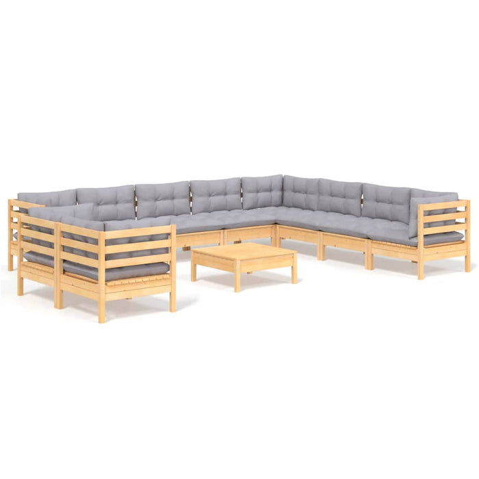 11-tlg. Garten-Lounge-Set mit Grauen Kissen Massivholz Kiefer