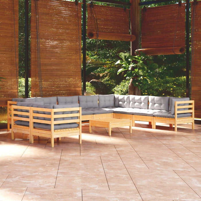 11-tlg. Garten-Lounge-Set mit Grauen Kissen Massivholz Kiefer