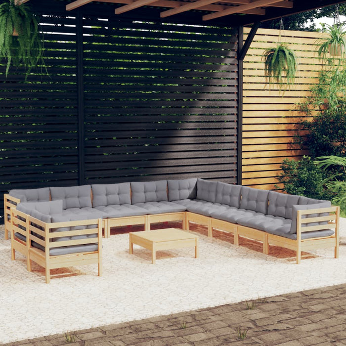 12-tlg. Garten-Lounge-Set mit Grauen Kissen Massivholz Kiefer