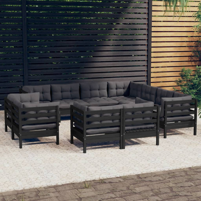 11-tlg. Garten-Lounge-Set mit Kissen Schwarz Massivholz Kiefer