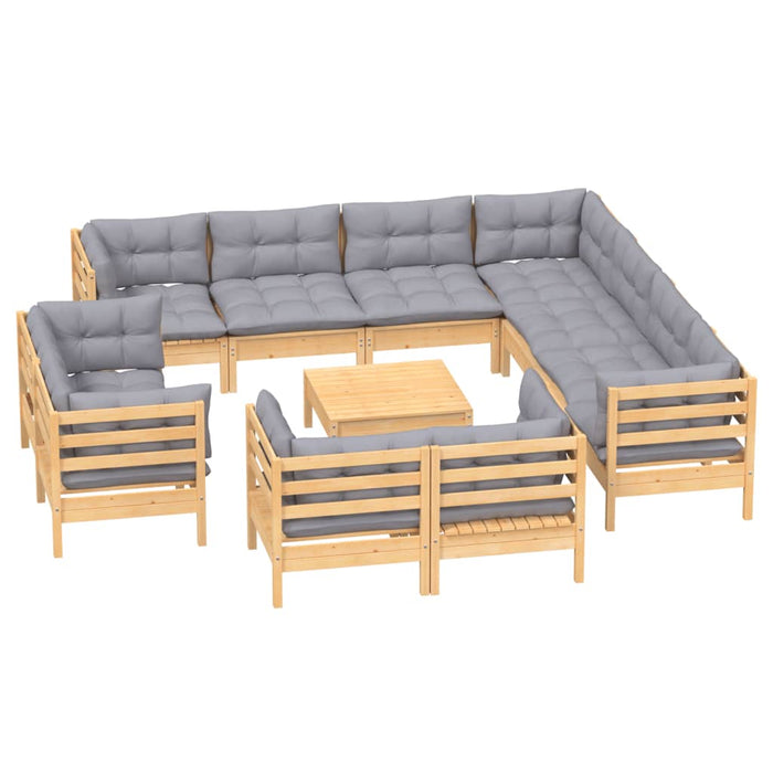 12-tlg. Garten-Lounge-Set mit Grauen Kissen Massivholz Kiefer
