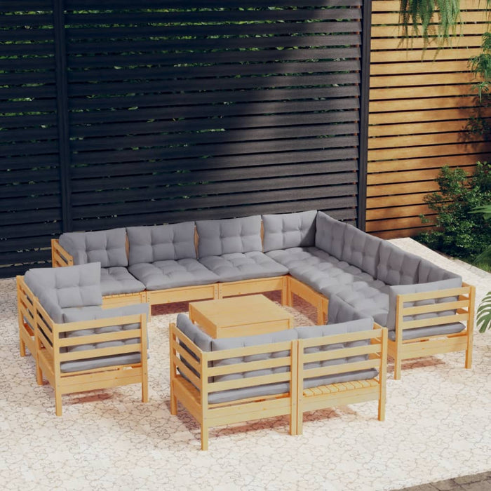12-tlg. Garten-Lounge-Set mit Grauen Kissen Massivholz Kiefer
