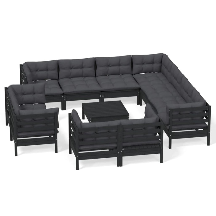 12-tlg. Garten-Lounge-Set mit Kissen Schwarz Massivholz Kiefer