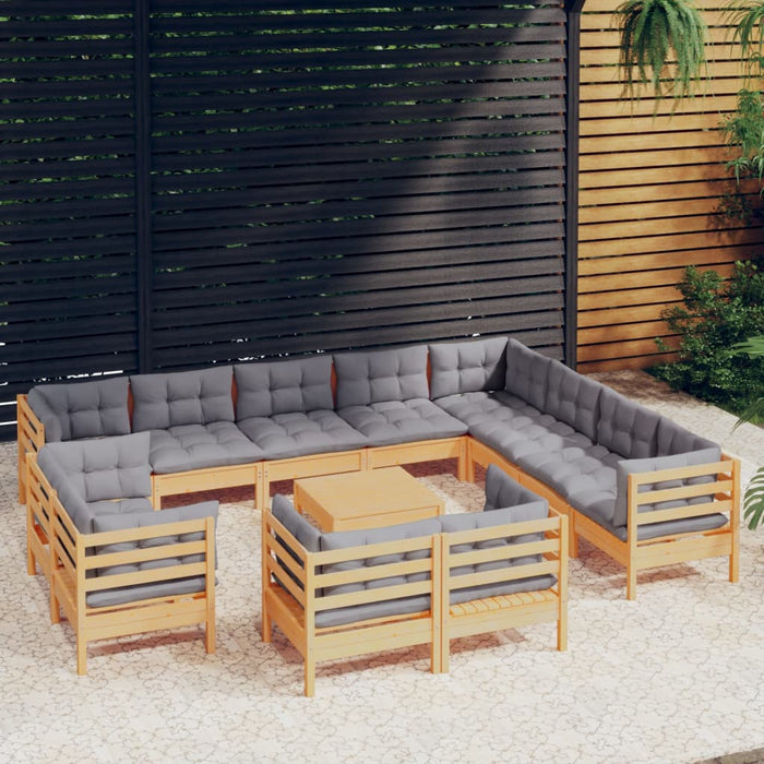 13-tlg. Garten-Lounge-Set mit Grauen Kissen Massivholz Kiefer