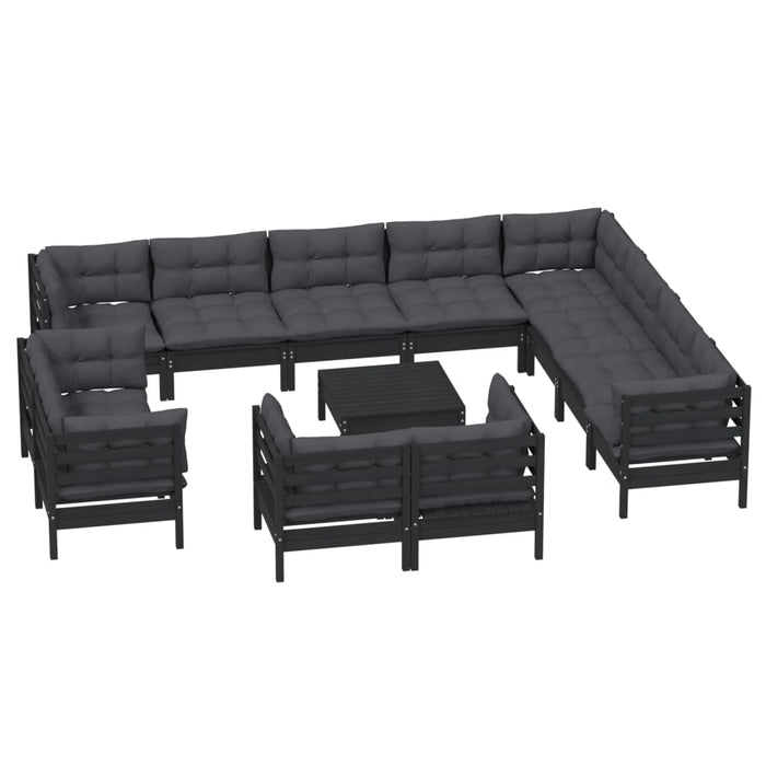 13-tlg. Garten-Lounge-Set mit Kissen Schwarz Massivholz Kiefer