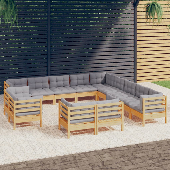 13-tlg. Garten-Lounge-Set mit Grauen Kissen Massivholz Kiefer