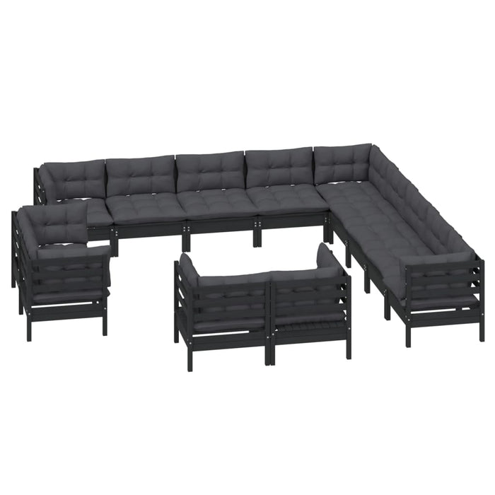 13-tlg. Garten-Lounge-Set mit Kissen Schwarz Massivholz Kiefer
