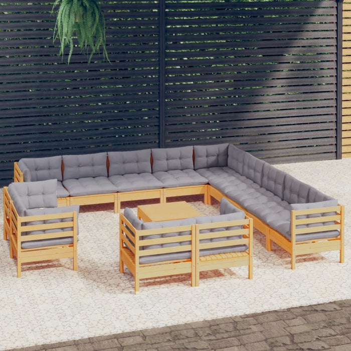 14-tlg. Garten-Lounge-Set mit Grauen Kissen Massivholz Kiefer
