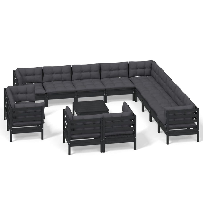 14-tlg. Garten-Lounge-Set mit Kissen Schwarz Massivholz Kiefer