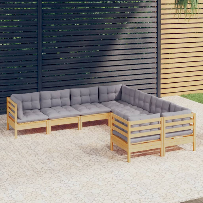 8-tlg. Garten-Lounge-Set mit Grauen Kissen Massivholz Kiefer