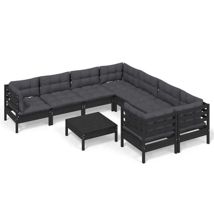 9-tlg. Garten-Lounge-Set mit Kissen Schwarz Kiefernholz