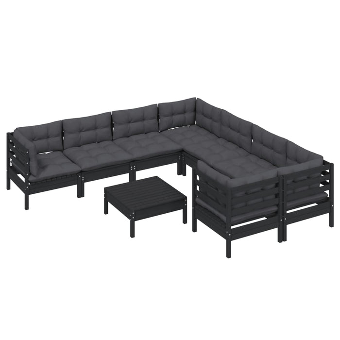 9-tlg. Garten-Lounge-Set mit Kissen Schwarz Kiefernholz
