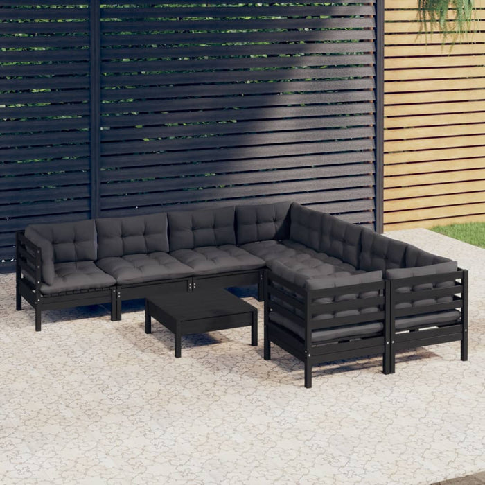 9-tlg. Garten-Lounge-Set mit Kissen Schwarz Kiefernholz