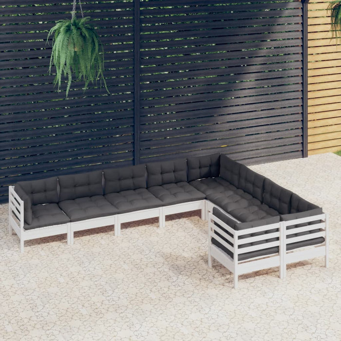 9-tlg. Garten-Lounge-Set mit Kissen Weiß Kiefernholz