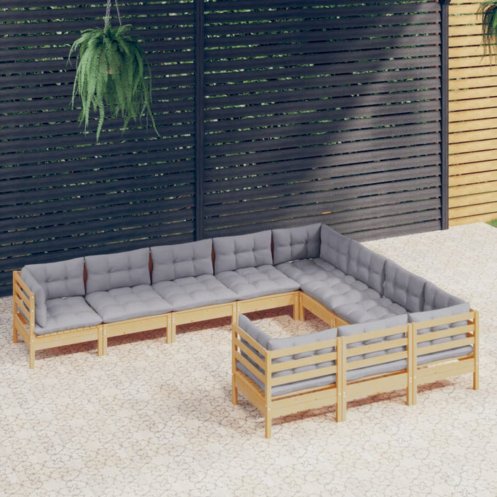 10 pcs. Garden lounge set with gray pine cushions